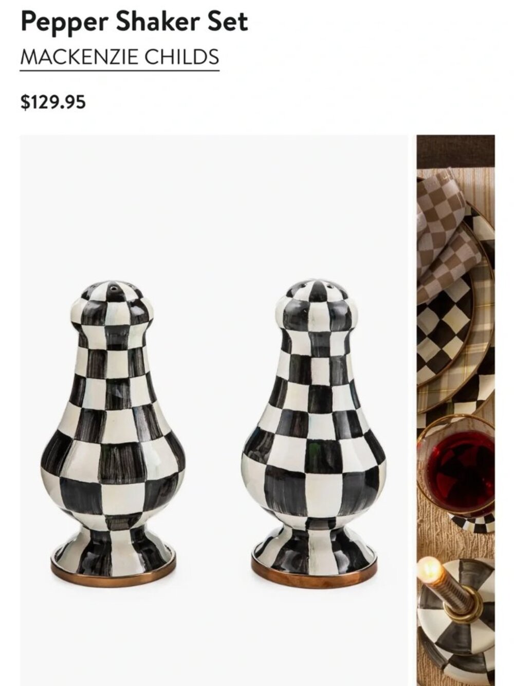 Womens MacKenzie-Childs Black White Courtly Check Glossy Salt Pepper Shakers Set